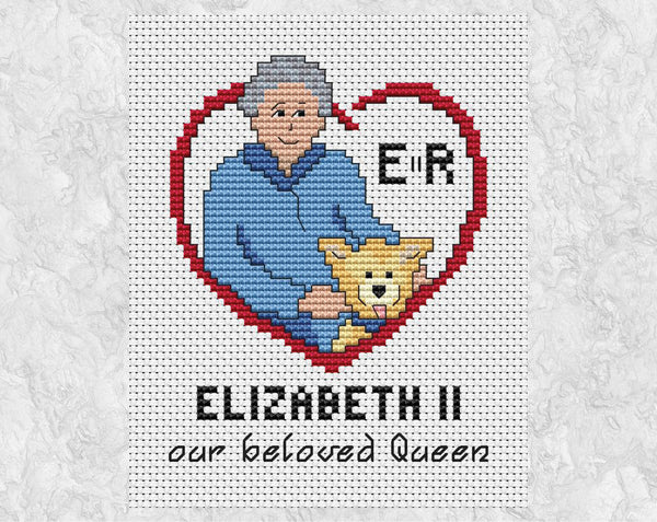 Queen Elizabeth II cross stitch pattern. Shown without frame.