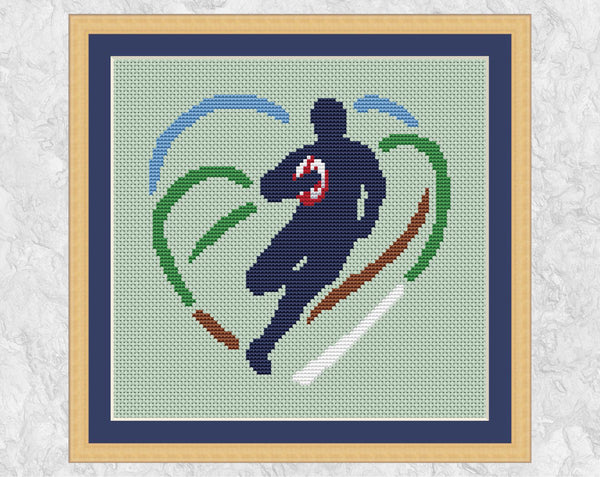 Rugby Heart cross stitch pattern - shown with frame