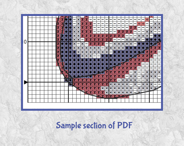Cross stitch pattern of the silhouette of a rugby player kicking a large colourful rugby ball. Section of PDF.