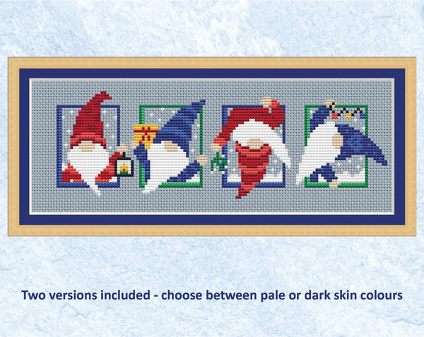 Set of Christmas Gnomes cross stitch pattern - four mini cheery Gonks. Pale skinned version shown with frame.