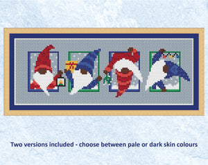 Set of Christmas Gnomes cross stitch pattern - four mini cheery Gonks. Dark skinned version shown with frame.