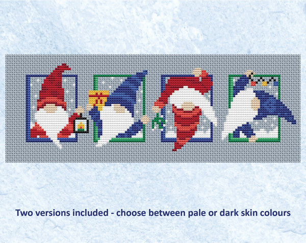 Set of Christmas Gnomes cross stitch pattern - four mini cheery Gonks. Pale skinned version shown without frame.