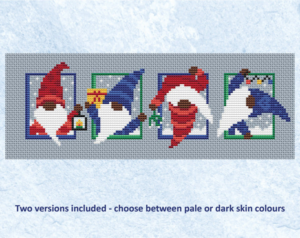 Set of Christmas Gnomes cross stitch pattern - four mini cheery Gonks. Dark skinned version shown without frame.