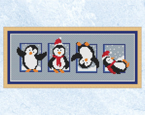 Set of Penguins Christmas cross stitch pattern - shown with frame
