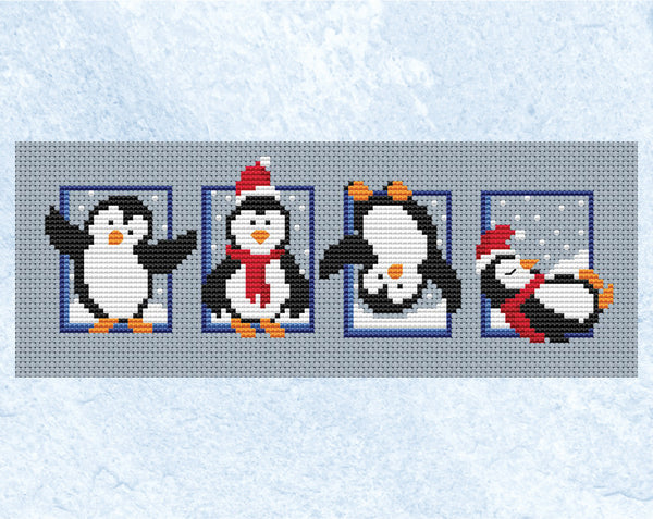 Set of Penguins Christmas cross stitch pattern - shown without frame