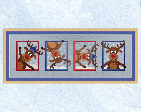 Set of Reindeer cross stitch pattern. Fun mini designs of Christmas cartoon reindeers. Shown with frame.