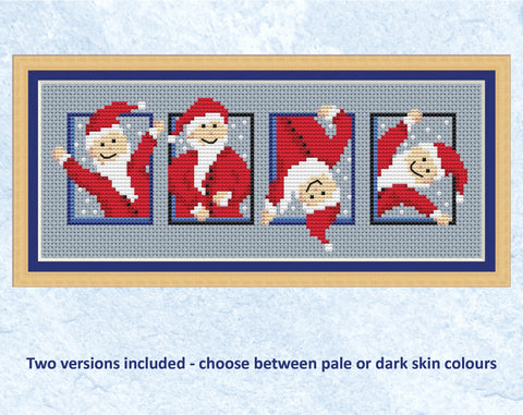 Set of Santas cross stitch pattern - four mini cheery Santas. Pale skinned version shown with frame.