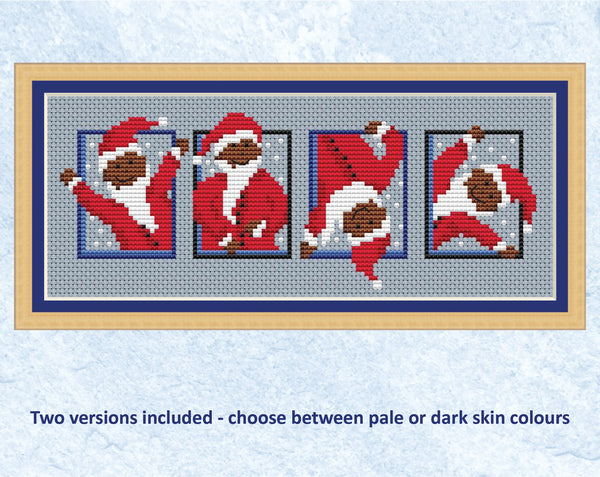 Set of Santas cross stitch pattern - four mini cheery Santas. Dark skinned version shown with frame.