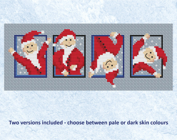 Set of Santas cross stitch pattern - four mini cheery Santas. Pale skinned version shown without frame.