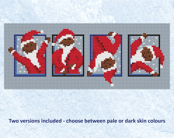 Set of Santas cross stitch pattern - four mini cheery Santas. Dark skinned version shown without frame.