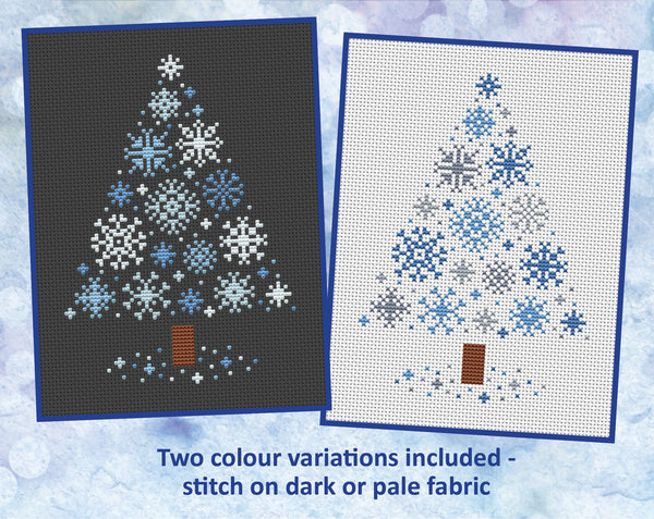 Snowflakes Christmas Tree cross stitch pattern - xmas tree made up of small snowflakes. Two colour variations included - stitch on dark or pale fabric.