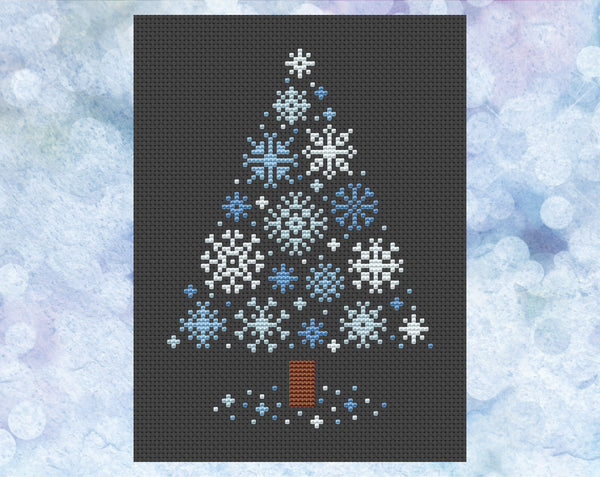 Snowflakes Christmas Tree cross stitch pattern - xmas tree made up of small snowflakes. Version with pale blue snowflakes on black fabric, shown without frame.