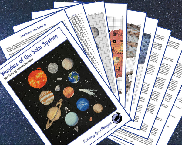 Wonders of the Solar System astronomy cross stitch pattern - stitch all the planets. Image shows some of the pages from the 34 page PDF pattern booklets.