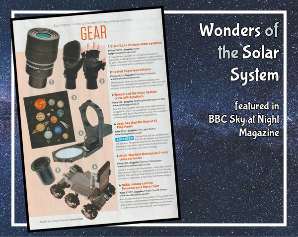 Wonders of the Solar System cross stitch pattern - featured in BBC Sky at Night Magazine. Image shows page from BBC Sky at Night magazine showing this pattern amongst other astronomical gear.