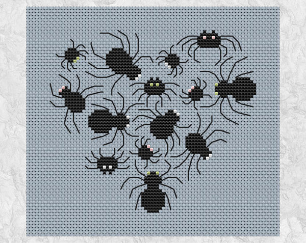 Spide Heart cross stitch pattern. Shown without frame.