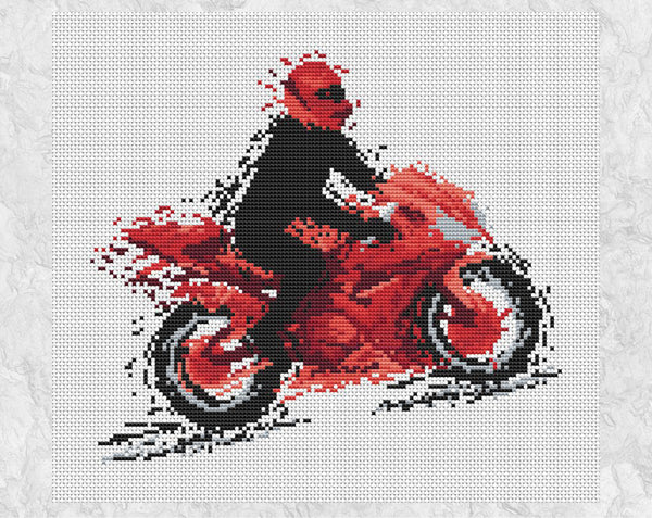Modern art motorbike cross stitch pattern. The silhouette of a motorcyclist on a red motorbike, all in splattered paint style. Shown without frame.
