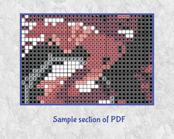 Modern art motorbike cross stitch pattern. The silhouette of a motorcyclist on a red motorbike, all in splattered paint style. Sample section of PDF.