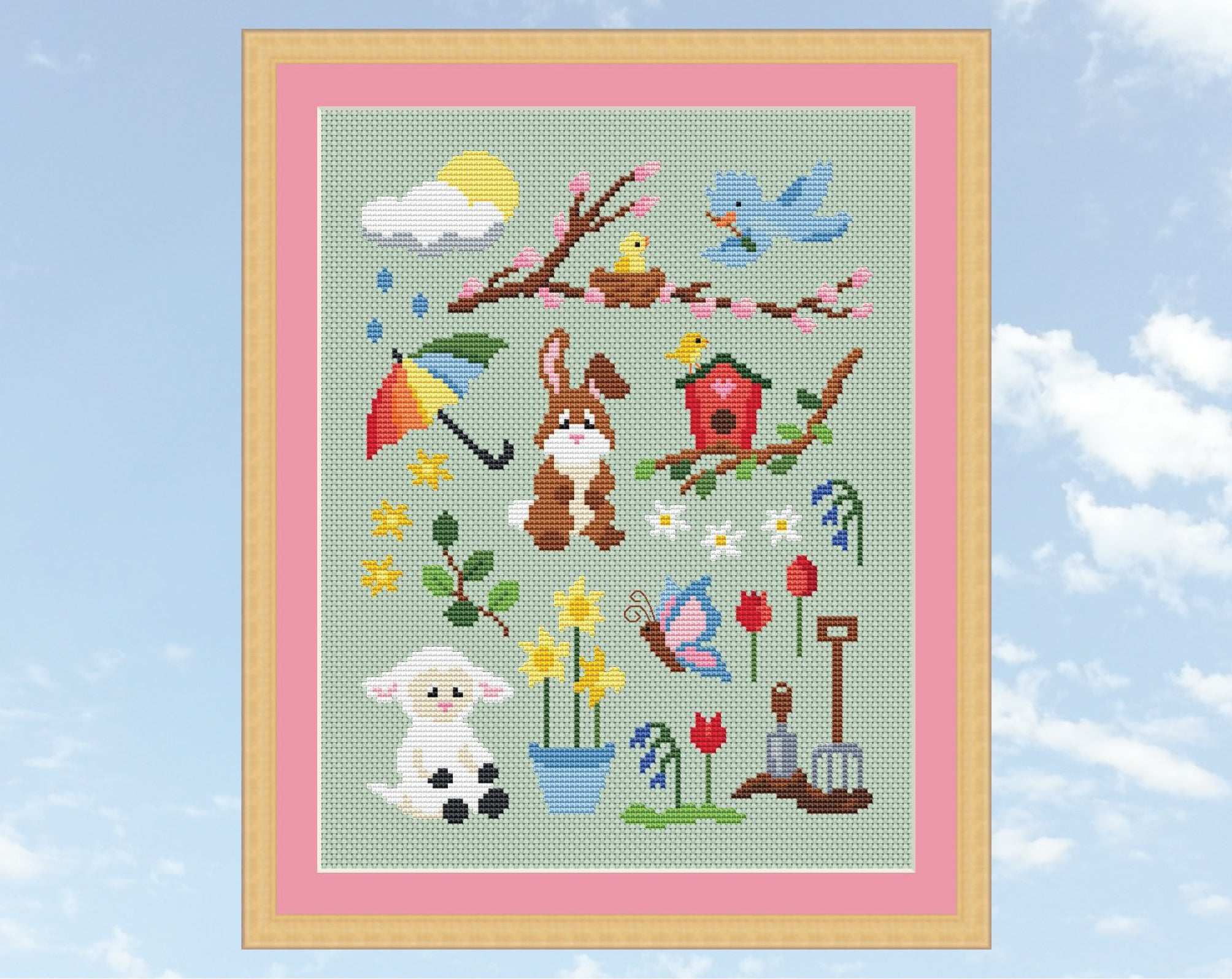 Spring Awakening cross stitch pattern - shown with frame