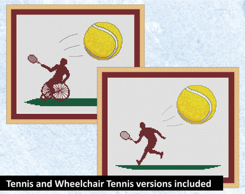 Tennis and Wheelchair Tennis cross stitch patterns. Two cross stitch designs of a large tennis ball being hit by the silhouette of a tennis player. One version is for standard Tennis and one is for Wheelchair Tennis.