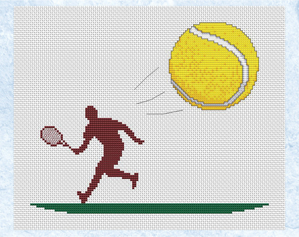 Tennis cross stitch pattern. Silhouette of a tennis player hitting a tennis ball coming towards you. Shown without frame.