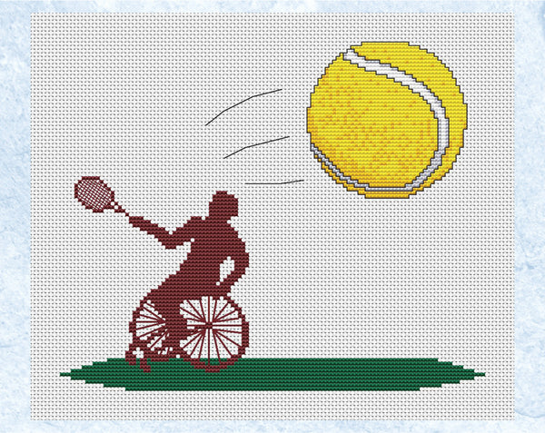 Wheelchair Tennis cross stitch pattern. Silhouette of a Wheelchair Tennis player hitting a tennis ball coming towards you. Shown with frame.