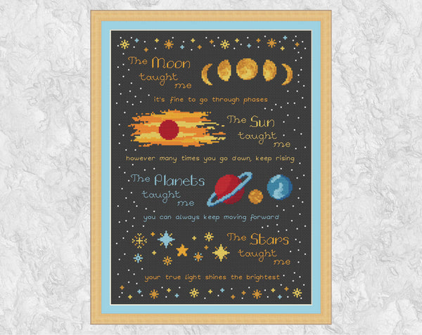 'The Moon Taught Me' inspirational quote cross stitch pattern - shown with frame