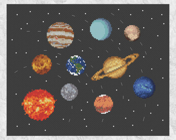 Cross stitch pattern of all the planets in the Solar System, along with the Sun and Pluto. Dashed lines indicate the orbits of the planets (not to scale). The planets are accurately designed from NASA images as much as possible given the limitations of size. Shown without frame.