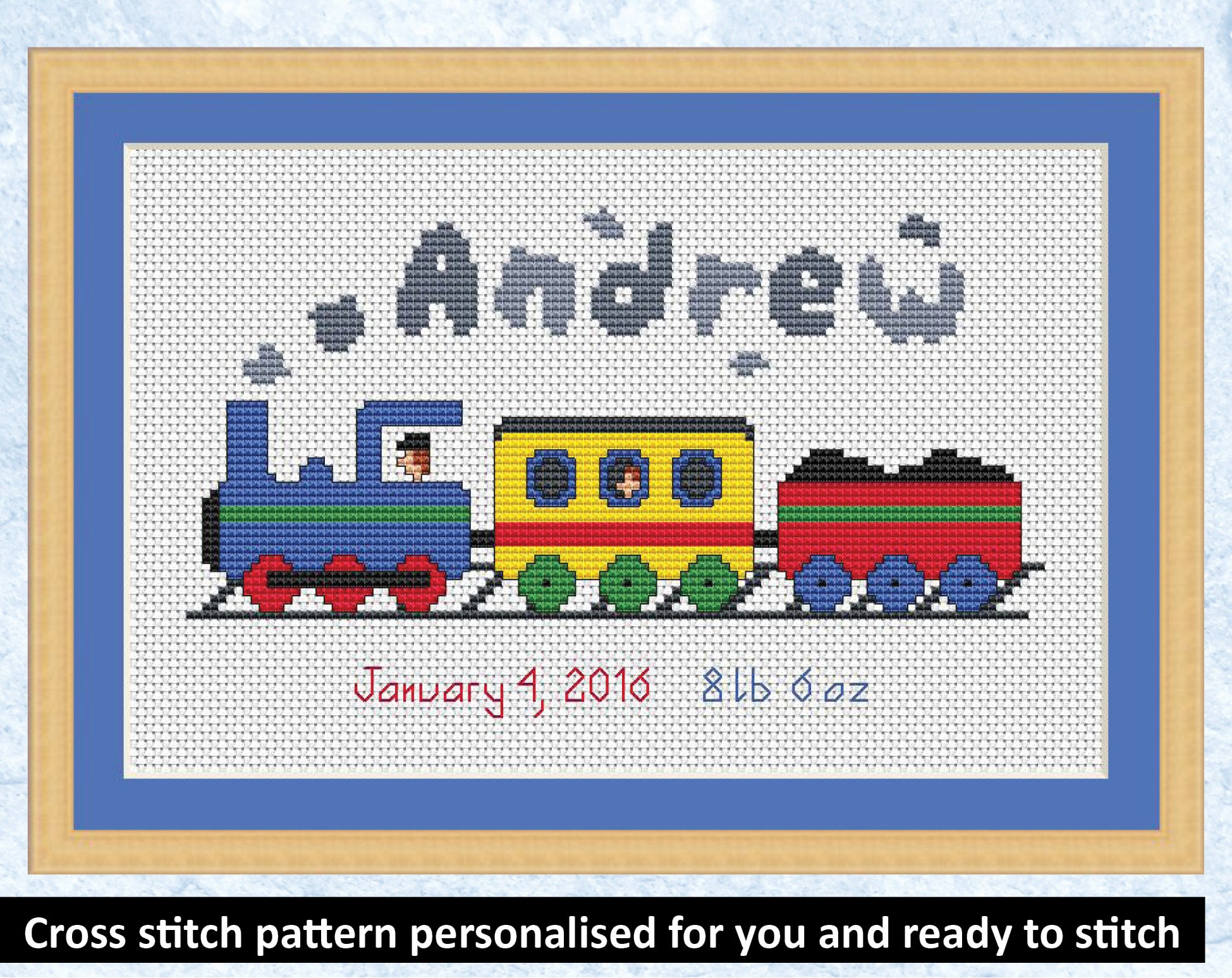 Custom cross stitch pattern of a steam train puffing along a track, with the child's name in the steam. The pattern will feature the name and birth details of your choice. An example name and birth details are shown in the pictures. Each letter is individually drawn and the letters in the steam are all a little different to give the look of being part of the smoke. Shown with example name 'Andrew'.