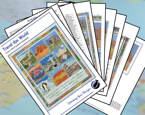Travel the World cross stitch pattern. Sample pages of PDF booklet.