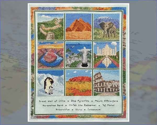Travel the World cross stitch pattern. Straight view of complete piece.