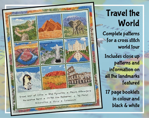 Travel the World cross stitch patterns. Complete patterns for a cross stitch world tour.