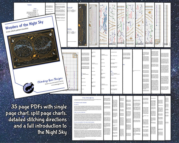 Wonders of the Night Sky cross stitch pattern. 35 page PDFs with single page chart, split page charts, detailed stitching instructions and a full introduction to the Night Sky.