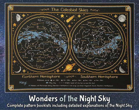 Wonders of the Night Sky cross stitch pattern. Very detailed sky map of constellations in the northern and southern hemispheres.