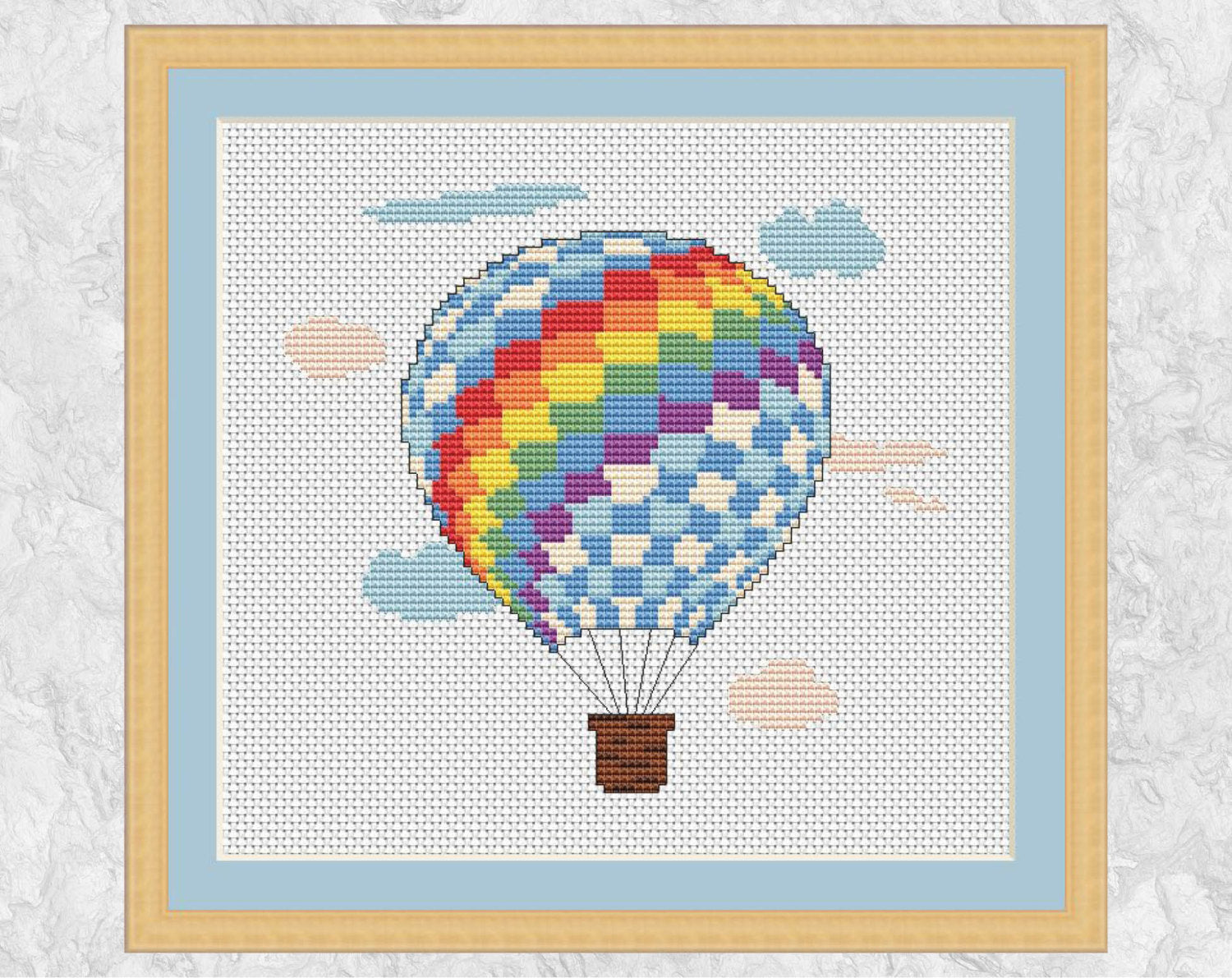Rainbow Hot Air Balloon cross stitch pattern - with frame