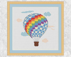 Rainbow Hot Air Balloon cross stitch pattern - with frame