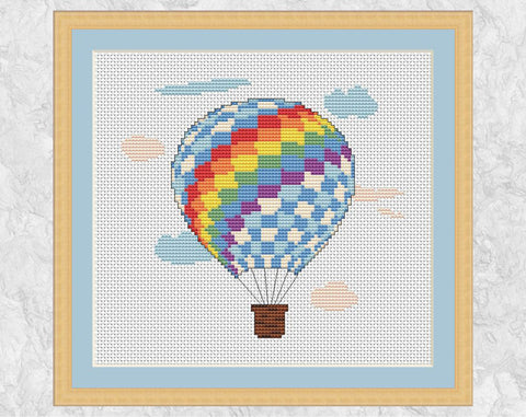 Rainbow Hot Air Balloon cross stitch pattern - with frame