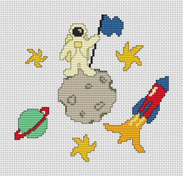 Space Adventures cross stitch pattern - cartoon astronaut on tiny moon surrounded by stars, planet and rocket - shown without frame