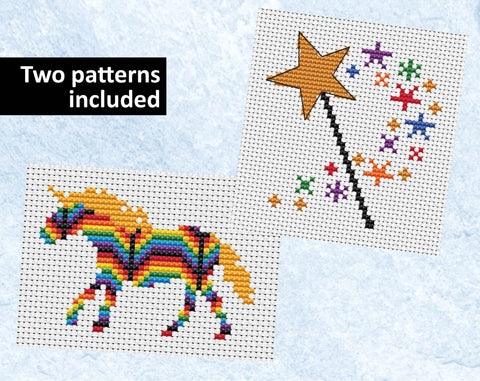 Mini Rainbow Unicorn and Magic Wand cross stitch patterns