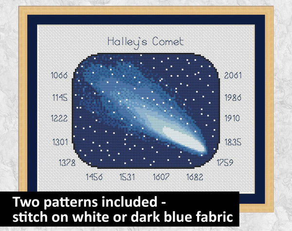 Halley's Comet - Astronomy cross stitch pattern. Shown on white fabric with frame.
