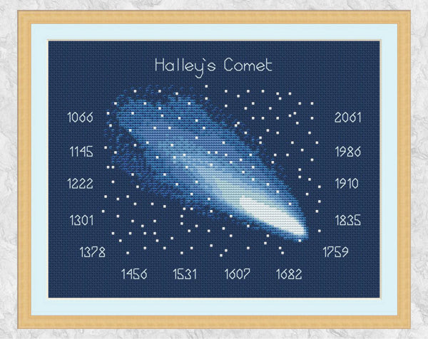 Halley's Comet - Astronomy cross stitch pattern. Shown on dark blue fabric with frame.