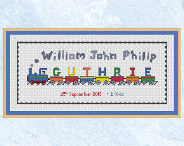 Custom cross stitch pattern of a steam train puffing along a track, with the child's first name(s) in the steam and surname on the train carriages. The pattern will feature the names and birth details of your choice. The number of carriages will be adjusted as appropriate for the length of the surname. Place of birth and length of baby can be added if requested, for no extra cost. Example name in this image is William John Philip Guthrie.