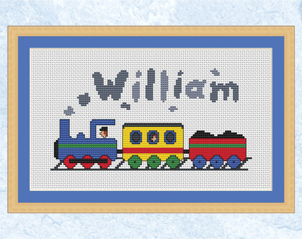 Custom cross stitch pattern of a steam train puffing along a track, with the child's name in the steam. The pattern will feature the name and birth details of your choice. An example name and birth details are shown in the pictures. Each letter is individually drawn and the letters in the steam are all a little different to give the look of being part of the smoke. Shown with example name 'William'.