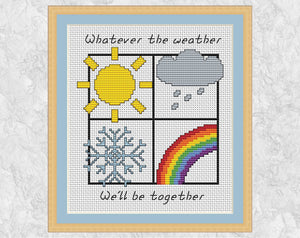 Cross stitch pattern of weather symbols with the words "Whatever the weather, we'll be together". Shown with frame.