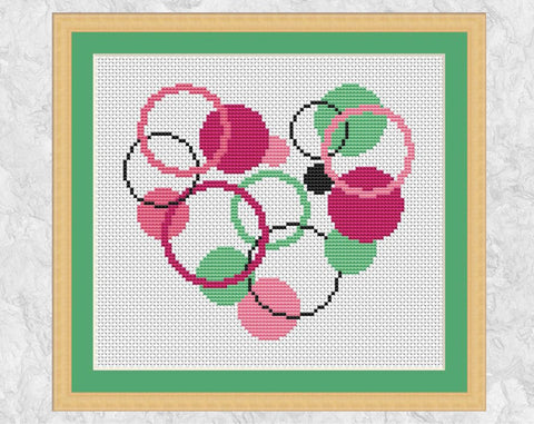 Circles Heart cross stitch pattern - in pink, green and black