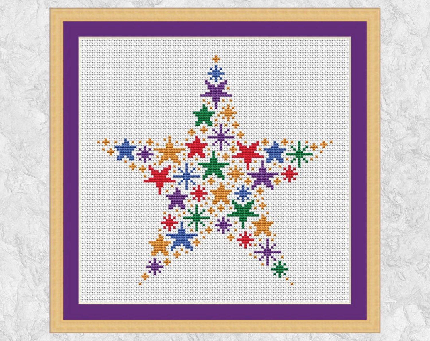 Rainbow Star of Stars cross stitch pattern - with frame