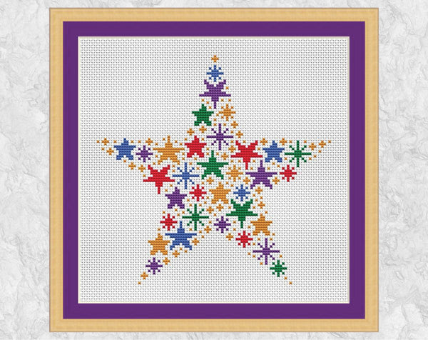 Rainbow Star of Stars cross stitch pattern - with frame