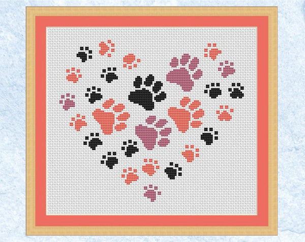 Paw print heart cross stitch pattern - in pinks, purples and black