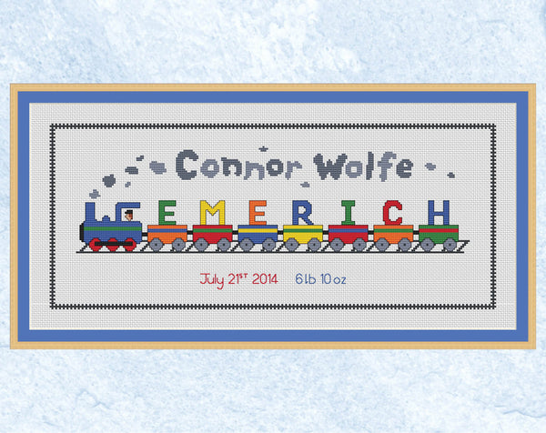 Custom cross stitch pattern of a steam train puffing along a track, with the child's first name(s) in the steam and surname on the train carriages. The pattern will feature the names and birth details of your choice. The number of carriages will be adjusted as appropriate for the length of the surname. Place of birth and length of baby can be added if requested, for no extra cost. Example name in this image is Connor Wolfe Emerich.