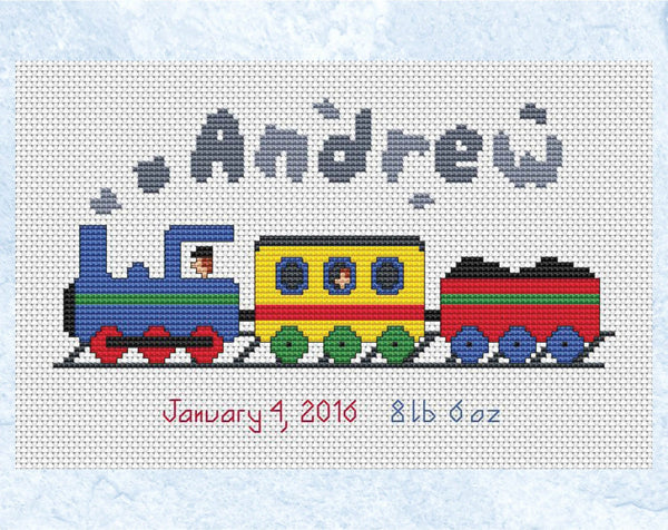 Custom cross stitch pattern of a steam train puffing along a track, with the child's name in the steam. The pattern will feature the name and birth details of your choice. An example name and birth details are shown in the pictures. Each letter is individually drawn and the letters in the steam are all a little different to give the look of being part of the smoke. Shown with example name and dates.
