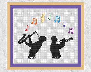 Jazz Rainbow cross stitch pattern - saxophonist and trumpeter playing with a rainbow of musical notes between them